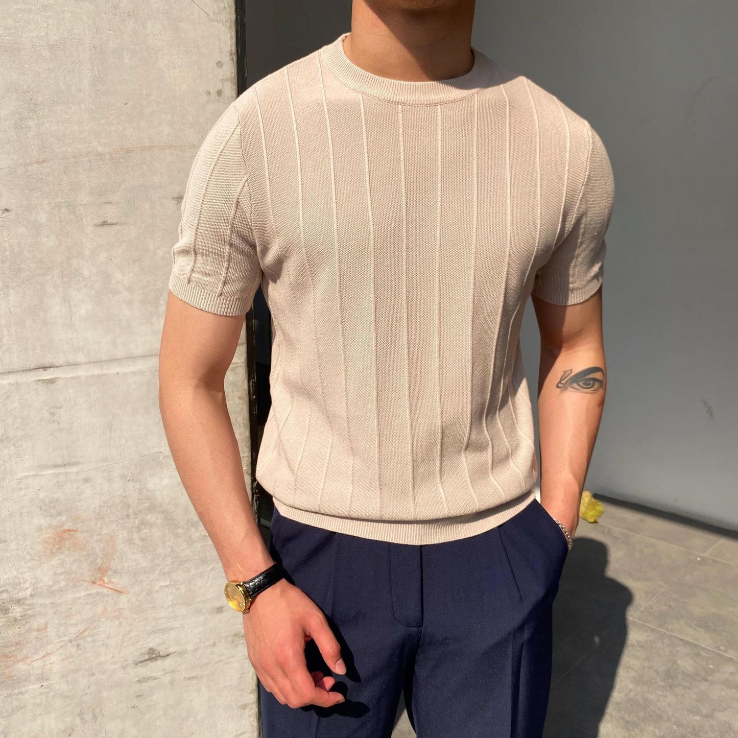 Short Sleeve Knitted T-shirt Summer Men's Light Round Neck Thin Tops - EraEase