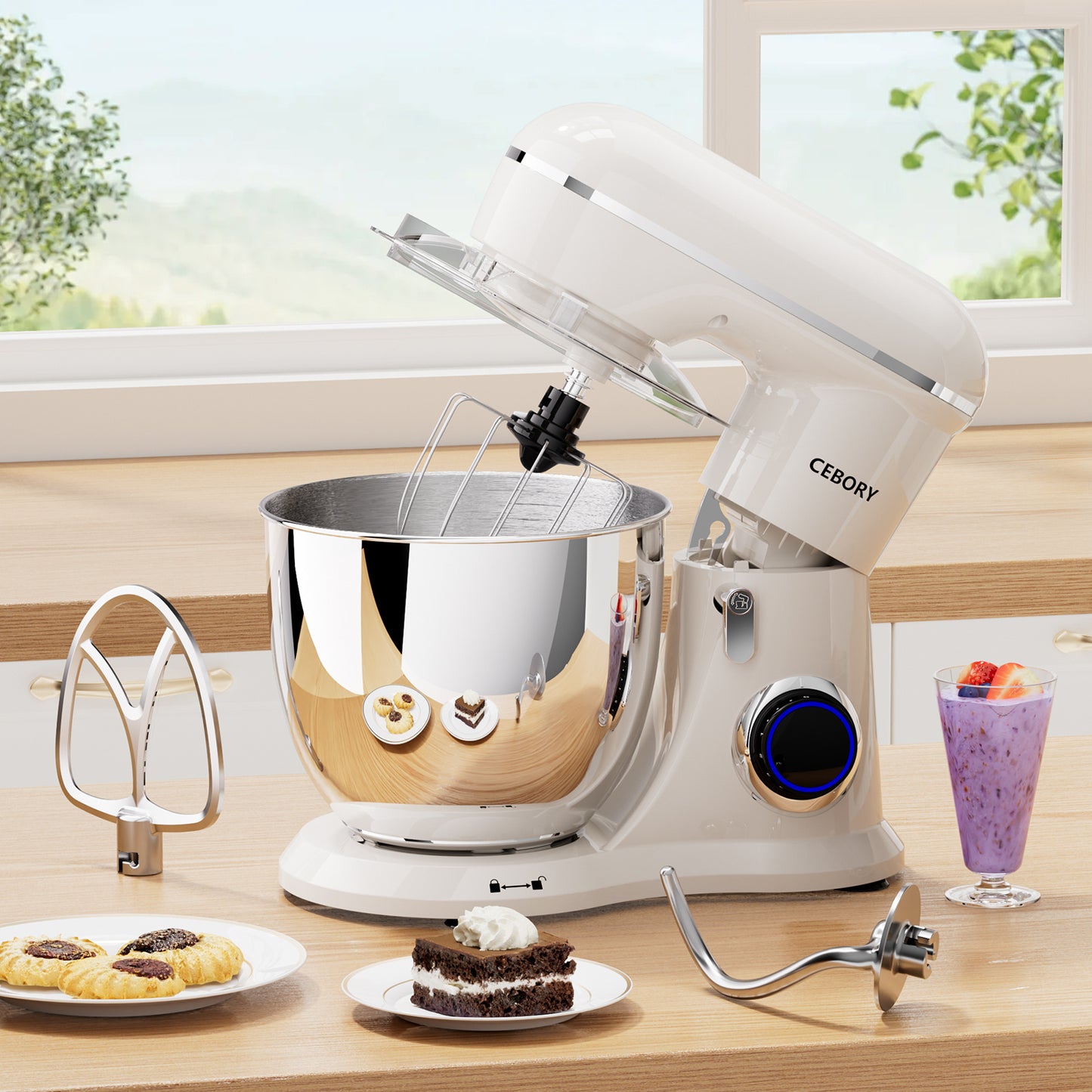 3-IN-1 660W Stand Mixer with 6.5QT Bowl - Almond Cream - EraEase